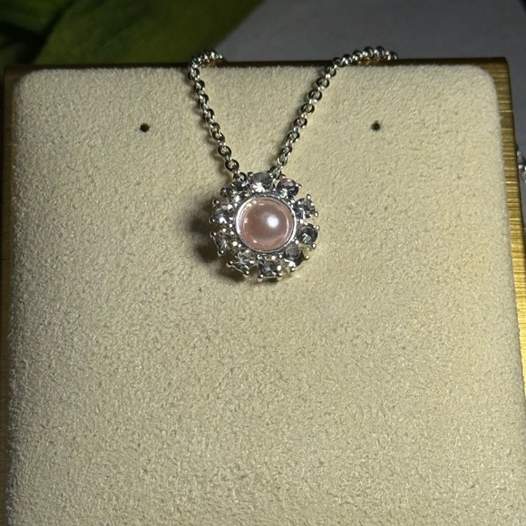 Crystal Flower Pendant Faux Pearl Center Made with Swarovski Crystals 18-21 inch - Picture 3 of 10
